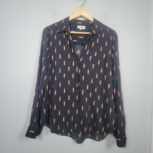 L'agence L Button Front Lipstick Print Long Sleeve Top Shirt Missing Buttons - Picture 1 of 14